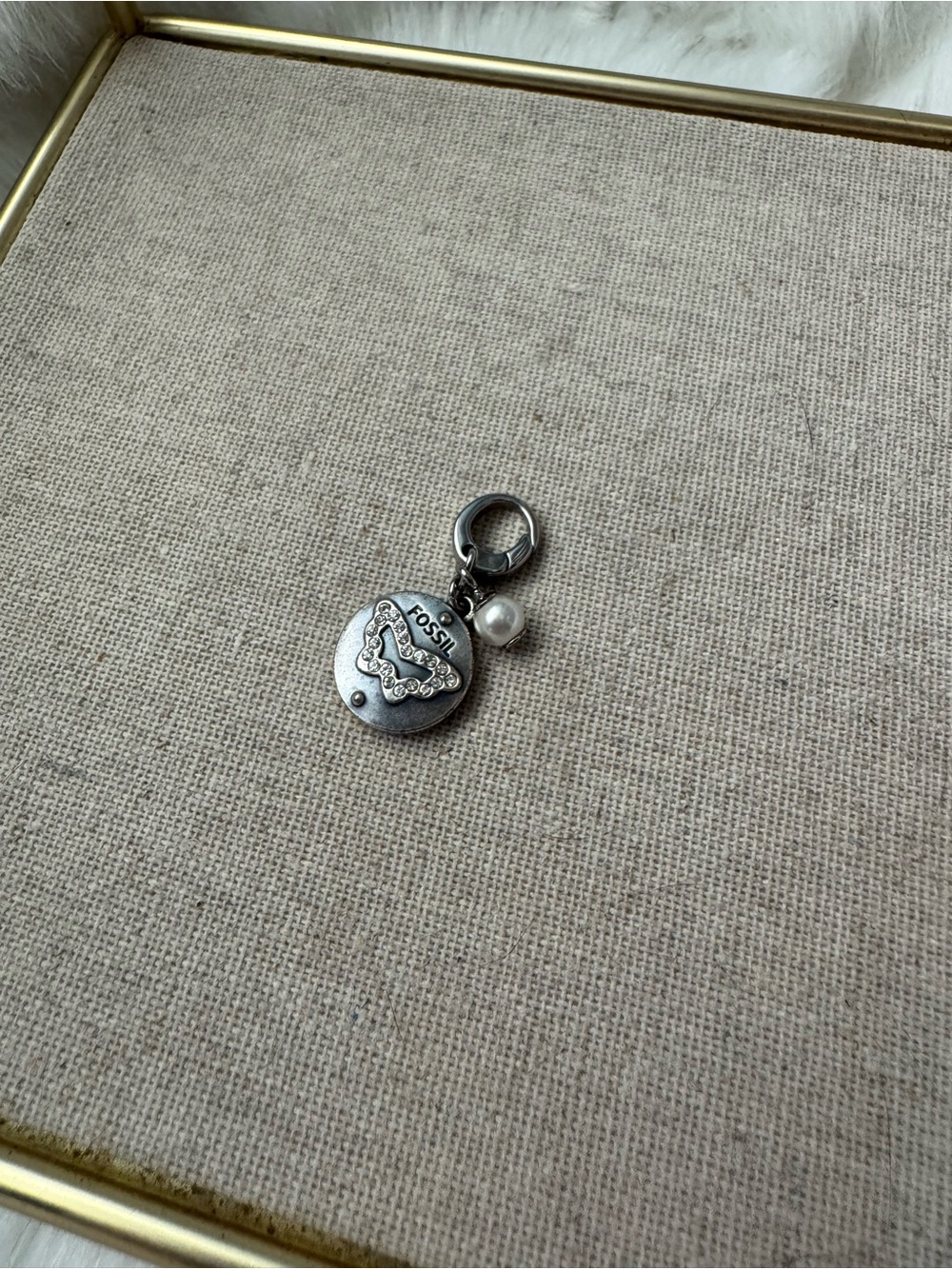 Fossil Silver Butterfly Charm with Pearl Accent